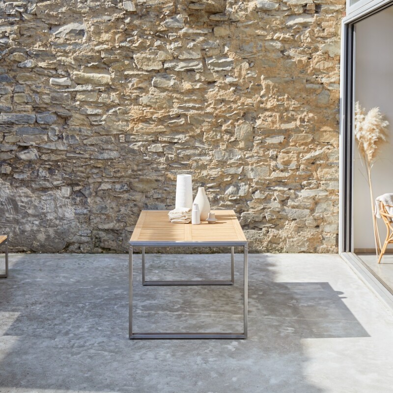 Table de jardin Arno en teck massif et inox, rectangulaire 150 x 90 cm