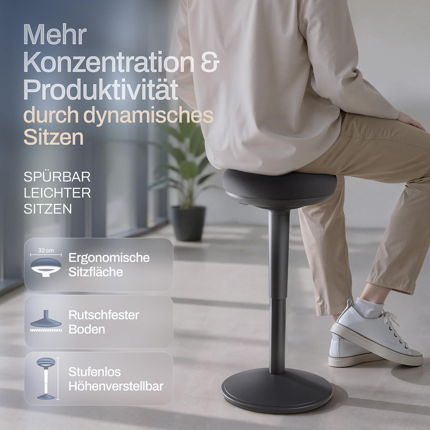 Bürohocker ergonomisch [Zertifiziert] 2in1 Sitzhocker & Stehhocker höhenverstellbar | Ergonomischer Hocker Schwarz für Büro und Schreibtisch - Wackelhocker + Pendelhocker mit Schwingeffekt
