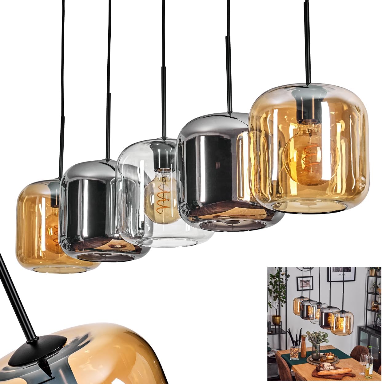 Pendelleuchte Lauden, Pendellampe aus Metall/Glas in Schwarz/Bernstein/Chrom/Klar, Leuchte im modernen Retro/Vintage-Design mit Schirmen aus Glas (Ø 20cm), Höhe max. 147,5cm, 5x E27, ohne Leuchtmittel