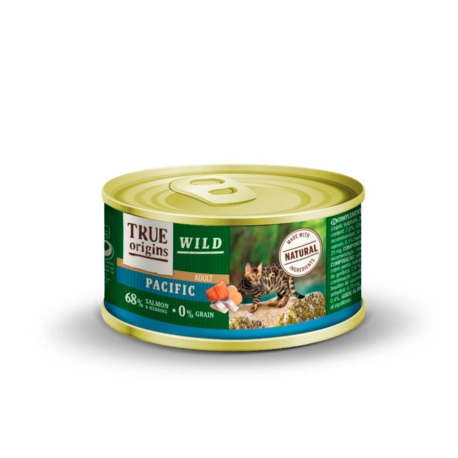 Lata de 100g de salmão selvagem adulto do Pacífico e arenque True Origins para gatos.