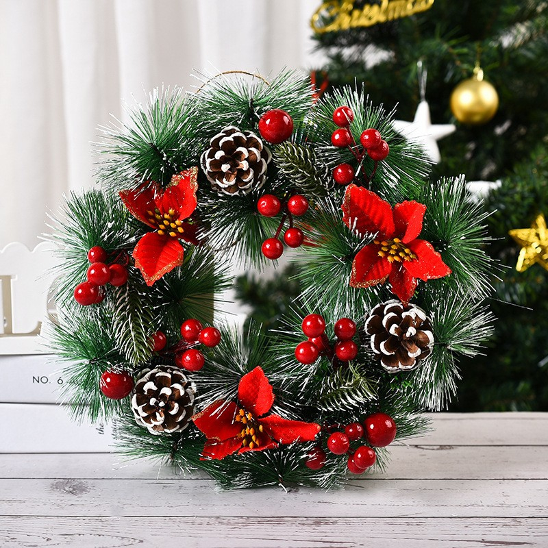 (Ø30cm) Christmas Deko Advents Kranz Tannenzweige / Tannenzapfen / Weihnachtsstern Tür Kranz - Grün / Rot