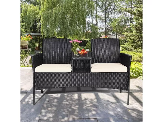 Banc de Jardin en Rotin 2 Personnes avec Table en Verre Trempé et Coussins, Salon de Jardin 2 Places pour Jardin, Balcon, Patio, 138 x 61 x 85 cm (Coussin Blanc)