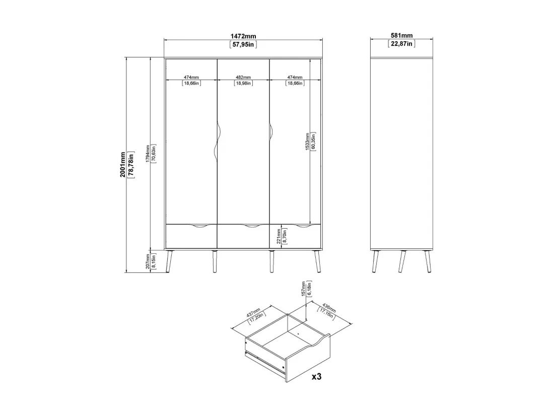 Garde-robe 3 portes Dselv, Meubles de chambre, Penderie de plain-pied, Placard à vêtements, 147x58 h200 cm, Blanc et chêne