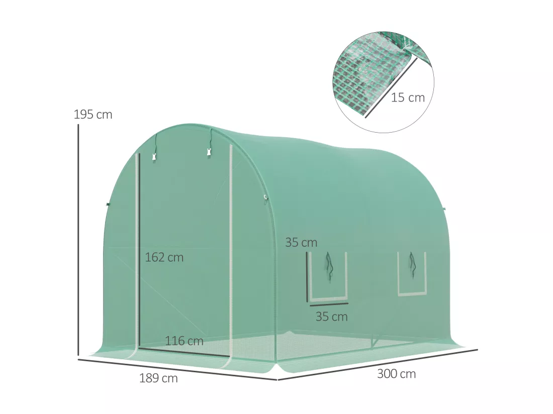Serre de jardin tunnel 6 m² 3L x 2l x 1,9H m acier galvanisé renforcé diamètre 2,4 cm + PE haute densité fenêtres porte vert