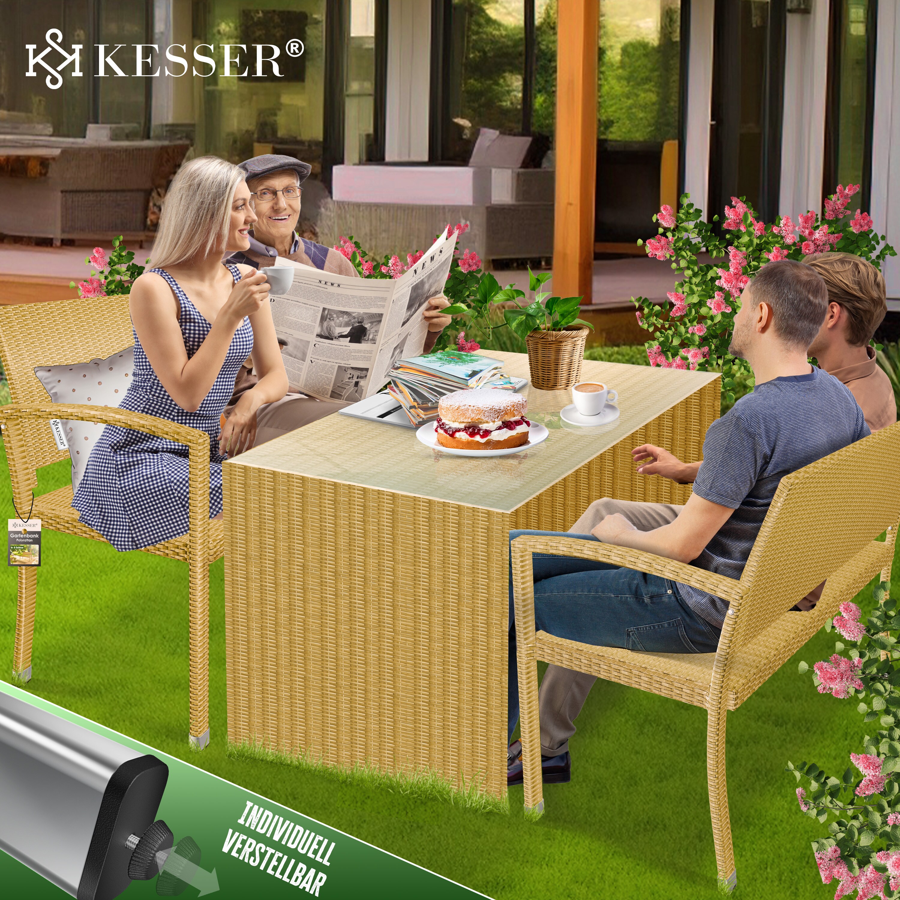 KESSER® Gartenbank Polyrattan 2-Sitzer Wetterfest | Rattan-Sitzbank UV-Beständig & bis 320kg belastbar | Balkon-Bank 125x62x90cm | Garten-Möbel mit ergonomischen Armlehnen | Für 2 Personen