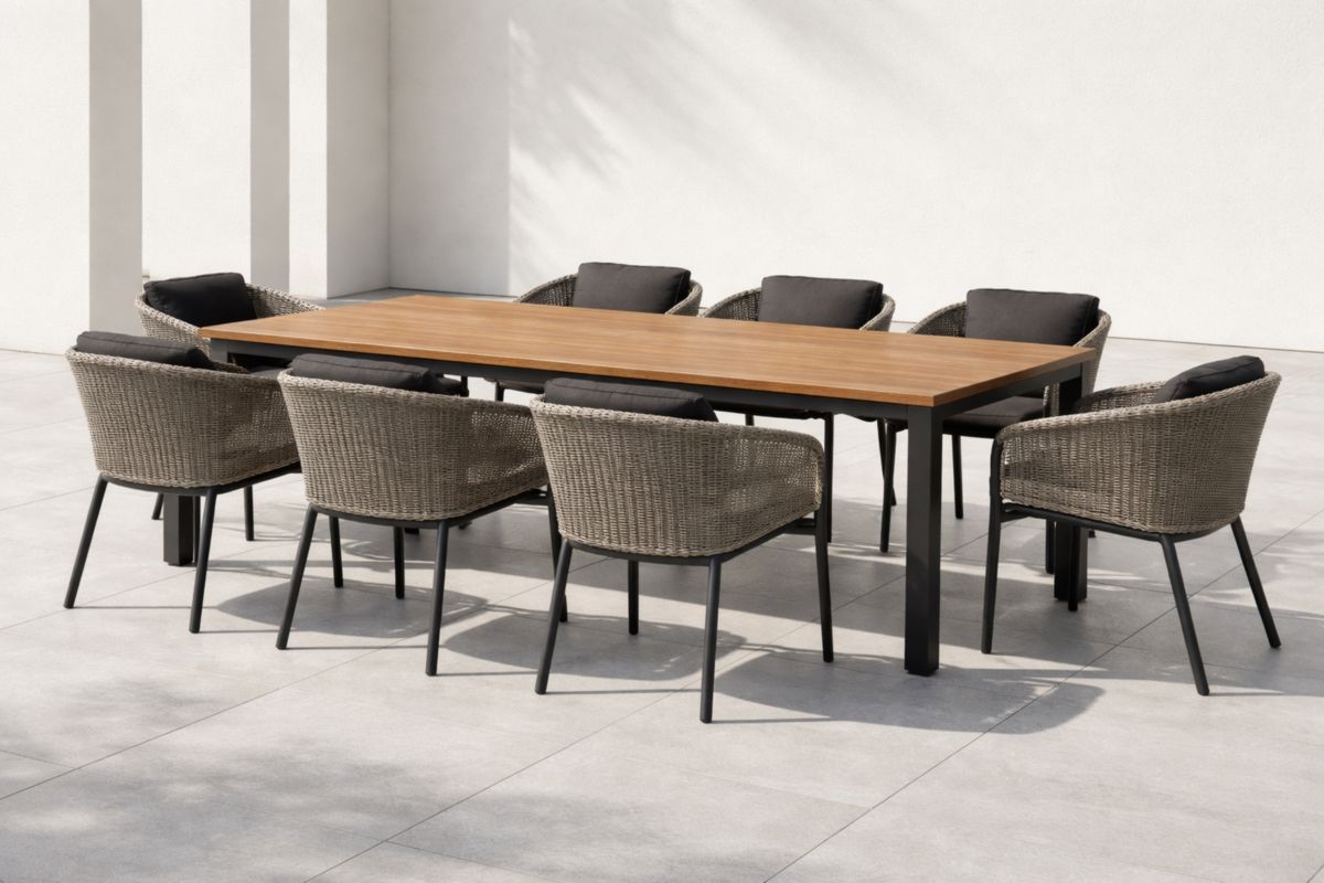 Holz- und Rattangartenset mit 8 Stühlen 240x100x75cm Braun/Beige/Schwarz