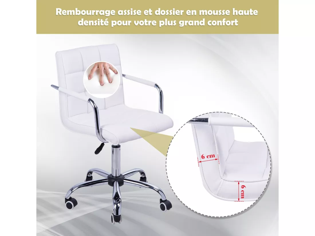 Chaise de bureau fauteuil manager pivotant hauteur réglable revêtement synthétique capitonné blanc