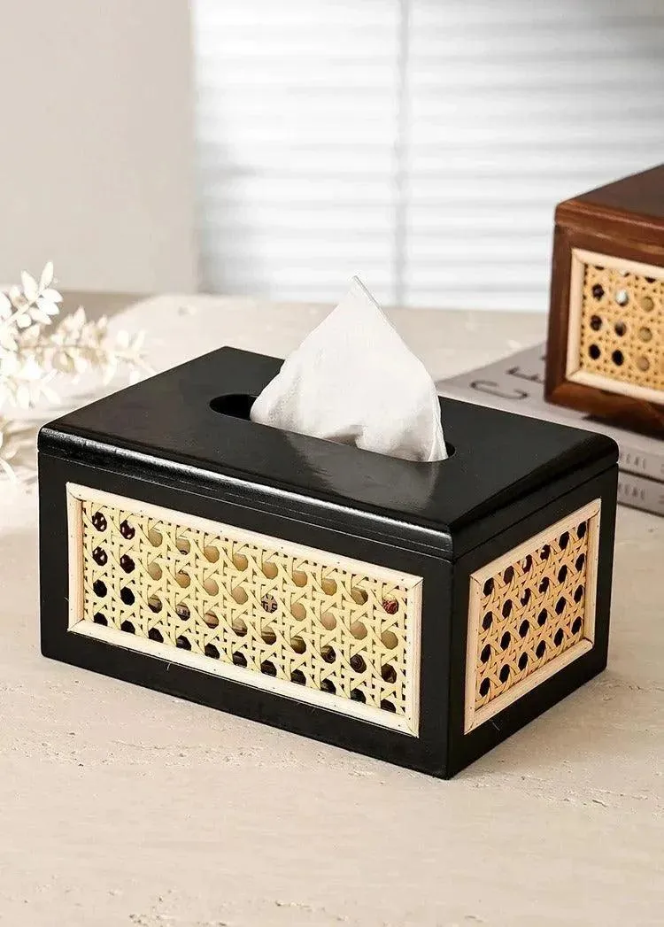 Nordic Rattan Tissue Box organizer | Modern Japandi Napkin Holder Container Case