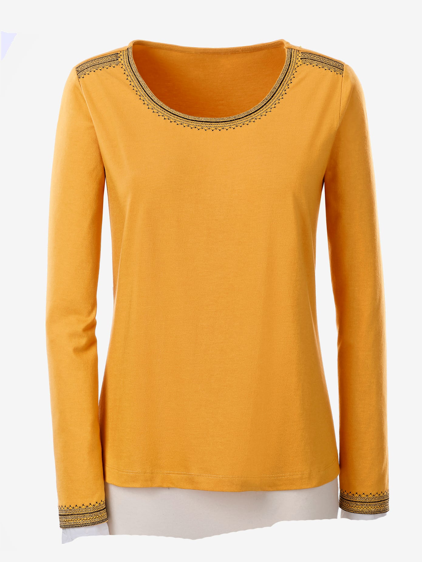 T-shirt brodé mélange coton-modal col rond manches longues