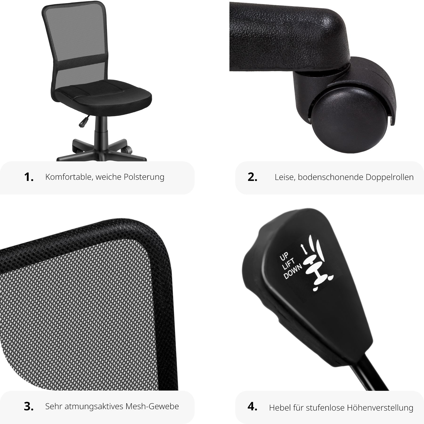 tectake® Bürostuhl, ergonomische Form, mit Netzstoffbezug, stufenlos höhenverstellbar