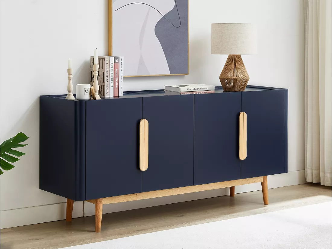 Buffet avec 4 portes en MDF et bois d'hévéa - Bleu et Naturel clair - DUNELON