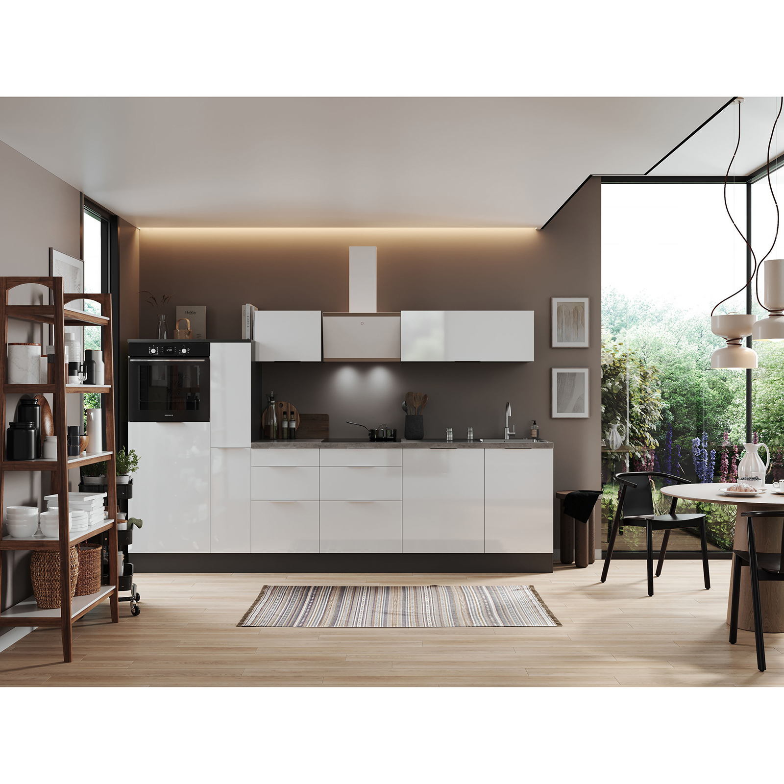 RESPEKTA Küchenblock - weiß Hochglanz - grau matt - mit E-Geräten - 310 cm