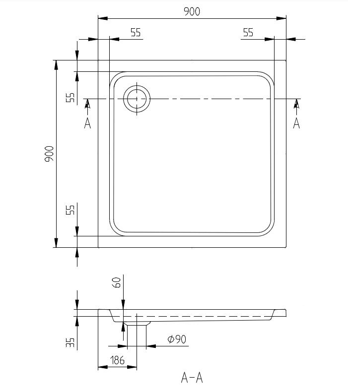Villeroy & Boch O.novo douchebak acryl vierkant 90x90x6cm wit