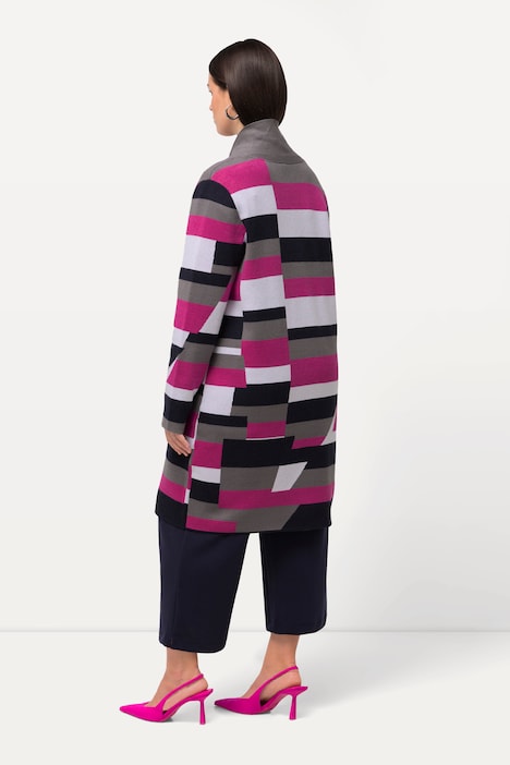 Strickjacke, Jacquard, offene Form, Kelchkragen