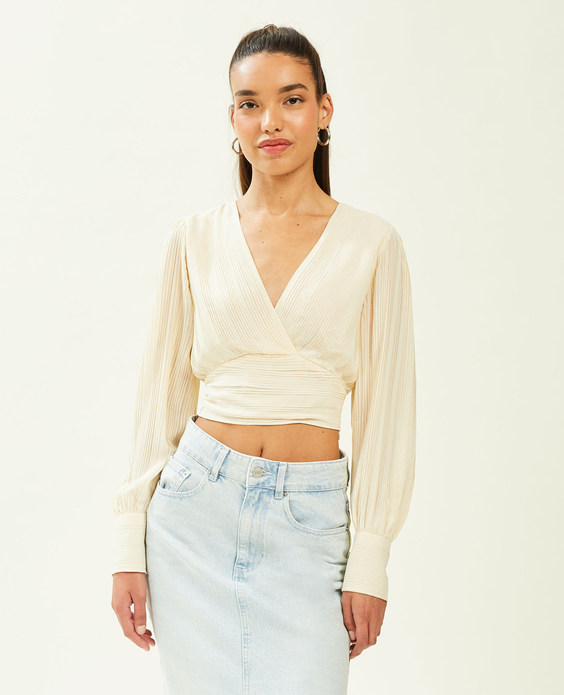 Top effet drapé à manches longues - Beige