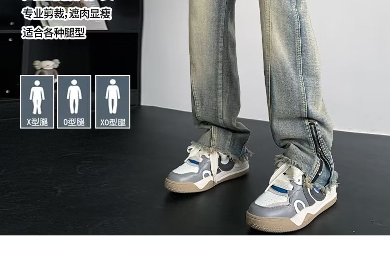Bay Go Mall - Low Rise Washed Fray Zip Slit Straight Leg Jeans
