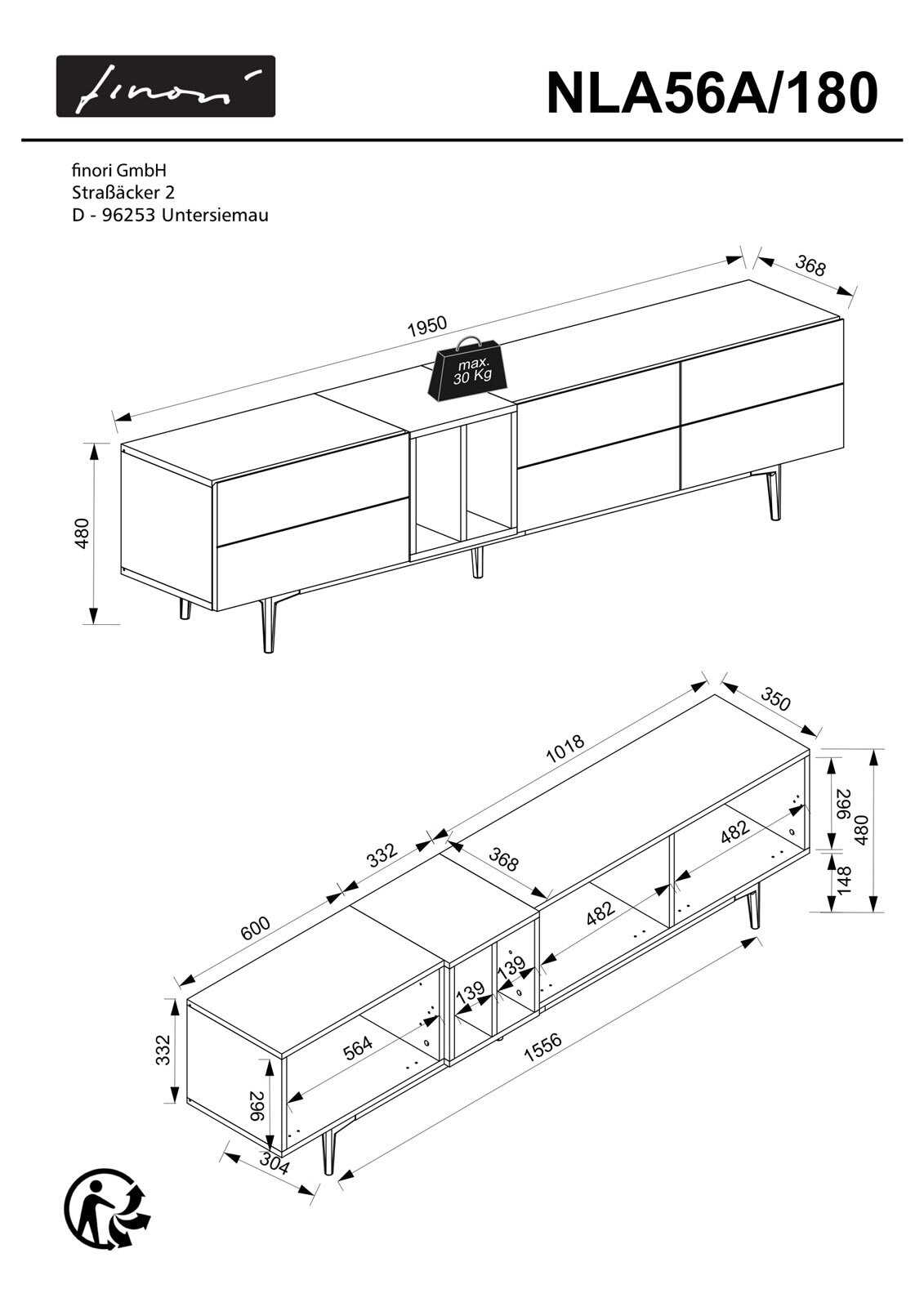TV-Lowboard NOLA 195 x 48 cm Artisan Oak/ schwarz