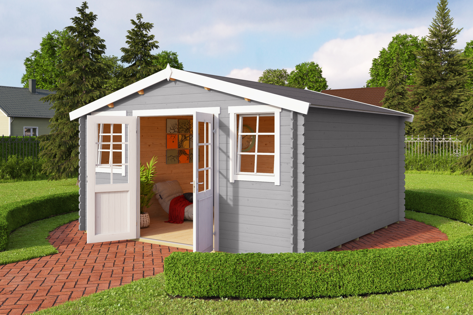 Gartenhaus WELS 4 DT - lichtgrau - Fichte massiv - 390x390 cm