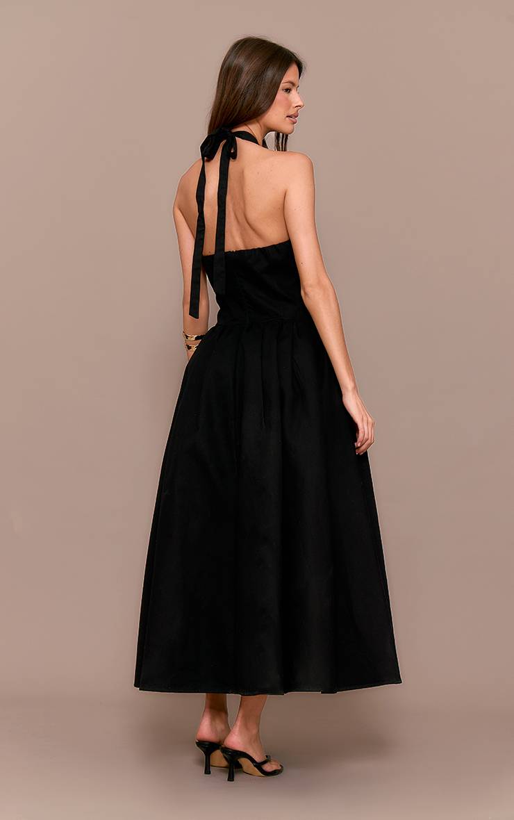 Noir Robe Midaxi À Pois Froncée Avec Col Licou Et Détail Noué