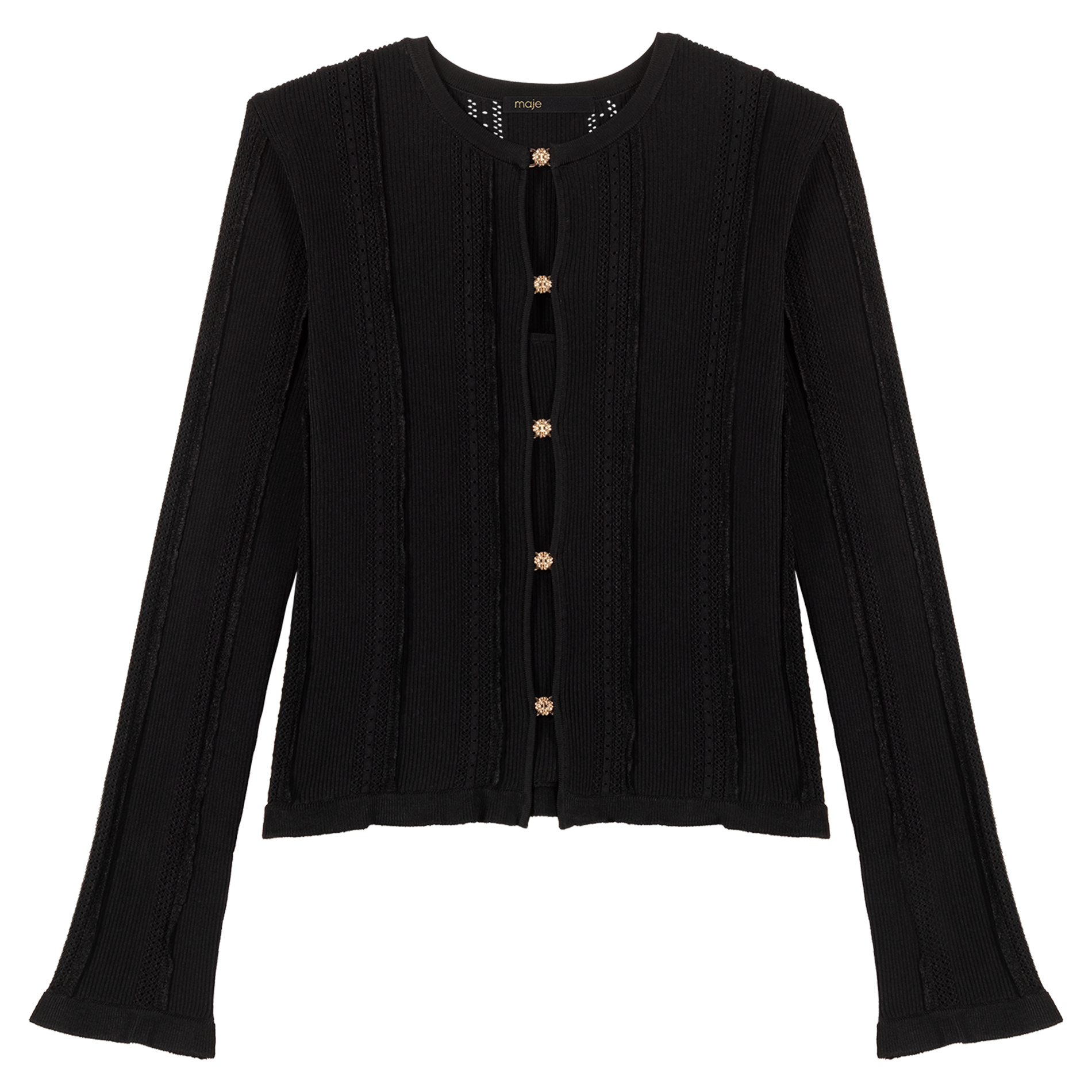 Cardigan droit col rond en maille ajourée | Noir