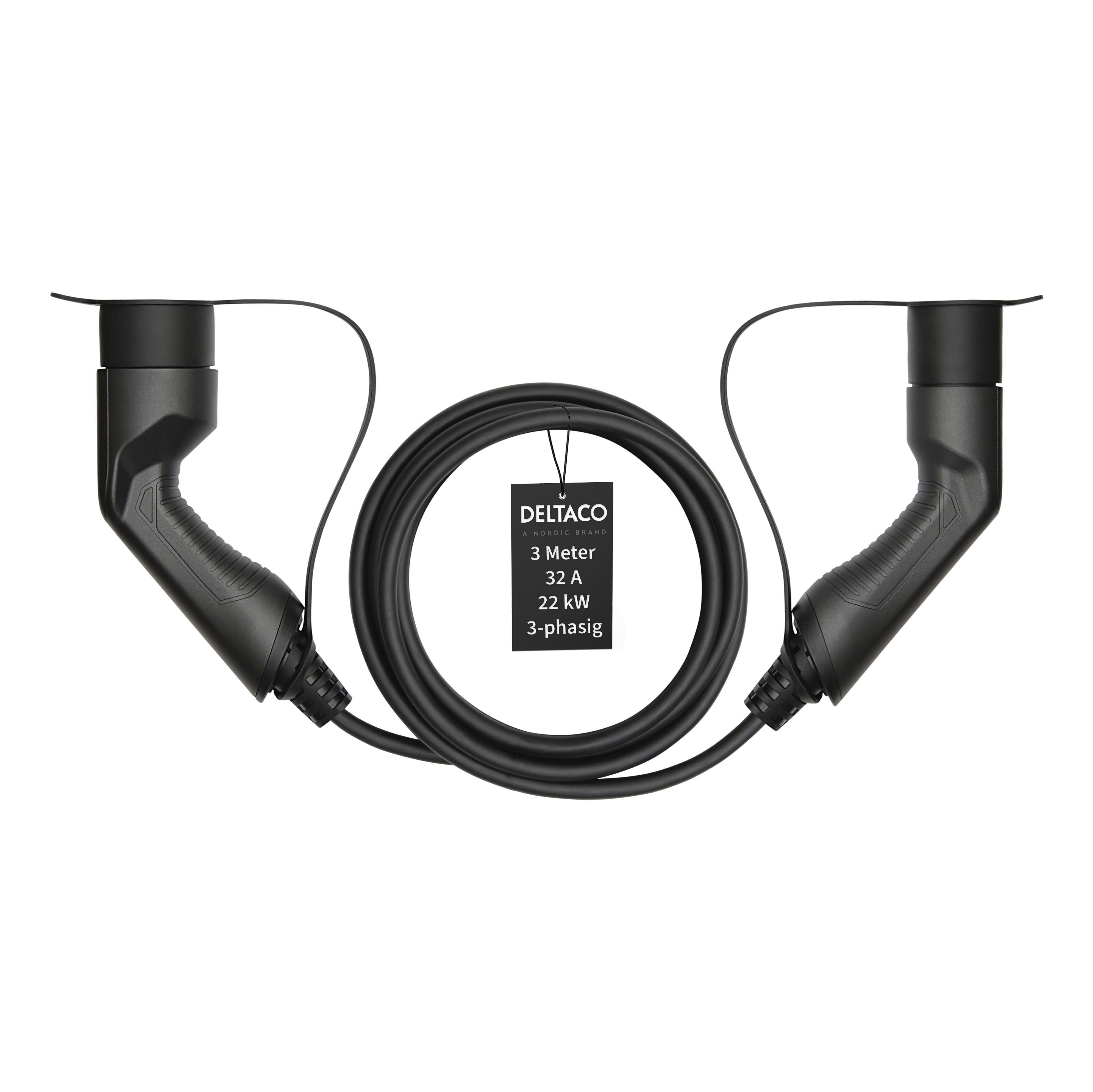 Deltaco E-Auto Ladekabel, Typ2 auf Typ2, 32 A, 22 kW, 3-phasig, 3m
