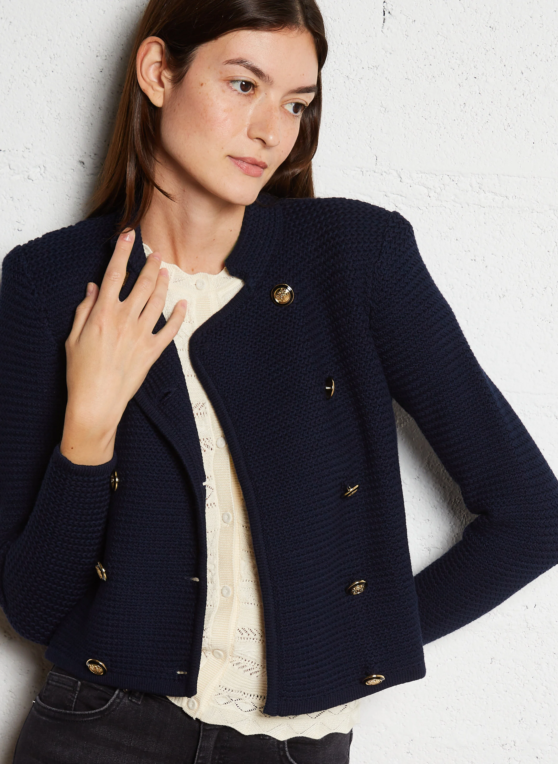 LOUMAN - Cardigan col rond droit en coton mélangé | Bleu