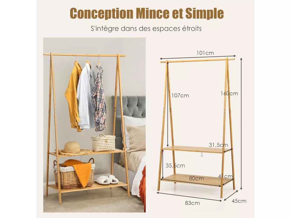 Portant à Vetement en Bambou, Penderie Vetement Tringle 101cm, 2 Étagères, Porte Vetement Solide pour Chambre, Buanderie （Jaune）