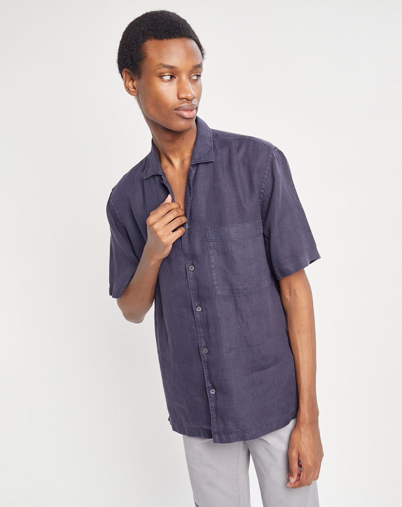 Marc O'Polo Chemise 100% Lin manches courtes Poche bleu marine