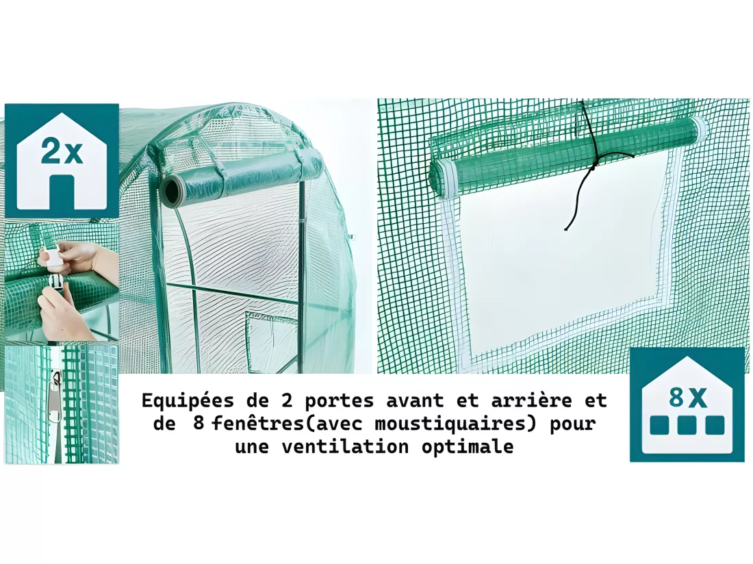 Serre tunnel de jardin 3x4m en aluminium stable Serre avec ancrage au sol Portes et fenêtres enroulables pour jardin