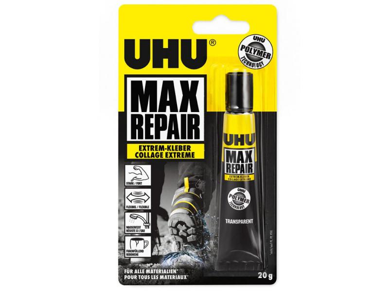 UHU Alleskleber Max Repair 1 Stück, Transparent Extrem-Kleber für annähernd alle Reparaturfälle, 20 g