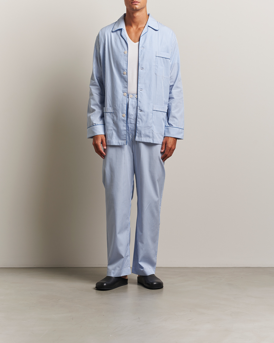 Derek Rose Striped Piped Cotton Pyjama Set Blue/White