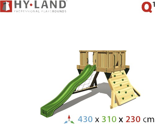 Hyland Project Q1 houten speeltoren met klimwand en groene glijbaan