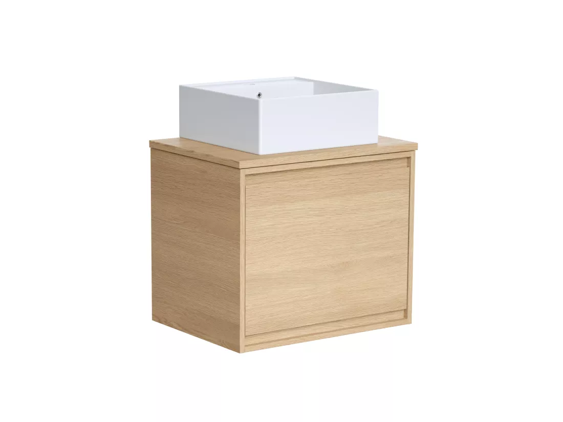 Meuble de salle de bain suspendu avec vasque à poser en céramique - Placage chêne - 60 cm - MESLIVA