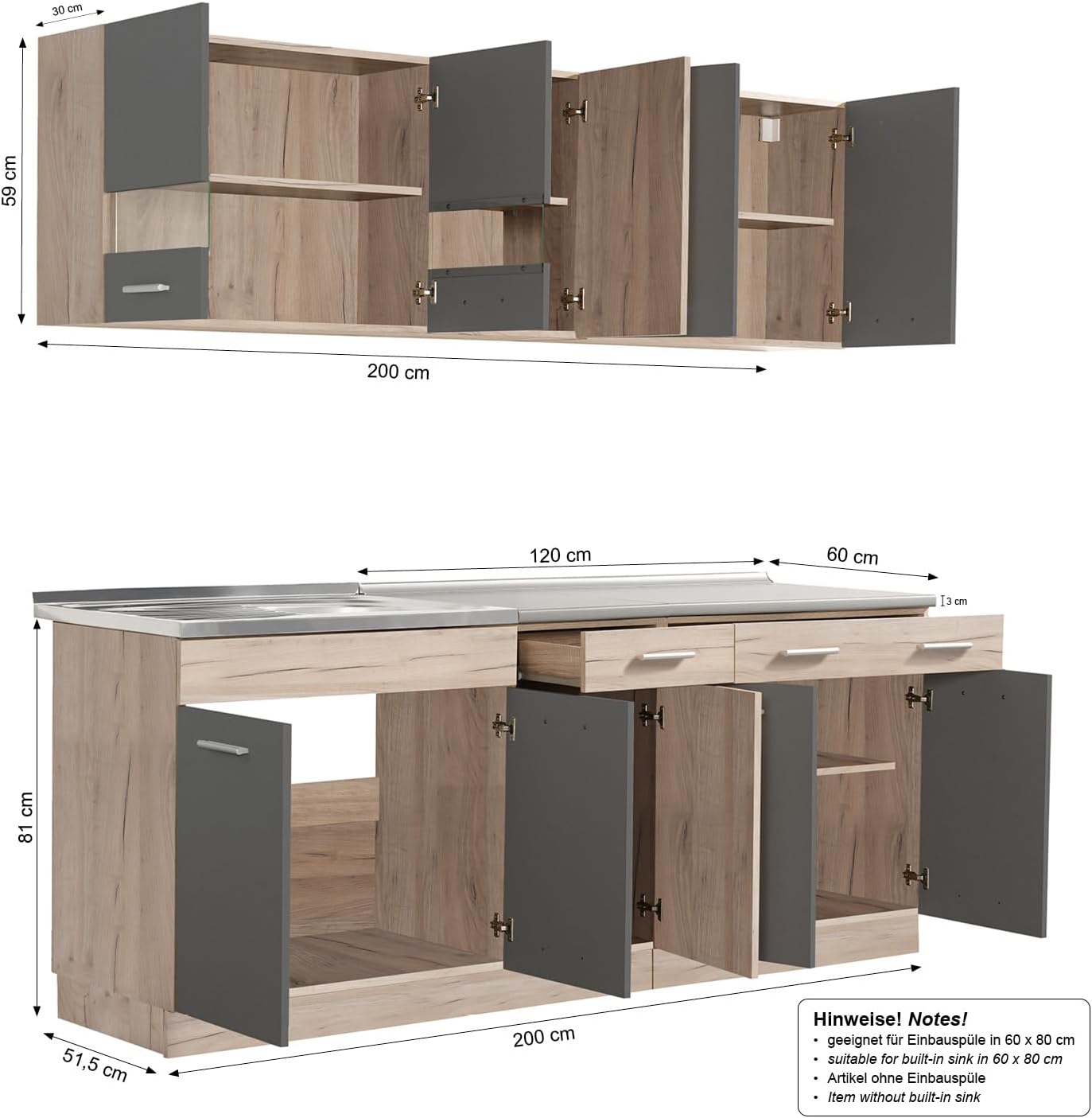 Homestyle4u 2357, Küche Küchenzeile Küchenblock Eiche Holz Grau Einbauküche Single Küchen Schränke 200 cm