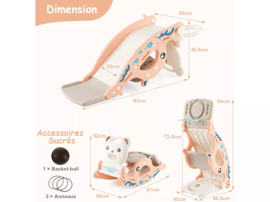 4 en 1 Toboggan Enfants avec 3 Modes & Motif d'ours, Cheval à Bascule Intérieur Extérieur avec Panier de Basketball & Ballon, Charge 50kg pour Enfants de 1-4 Ans, 93x65x46,5cm (Rose)