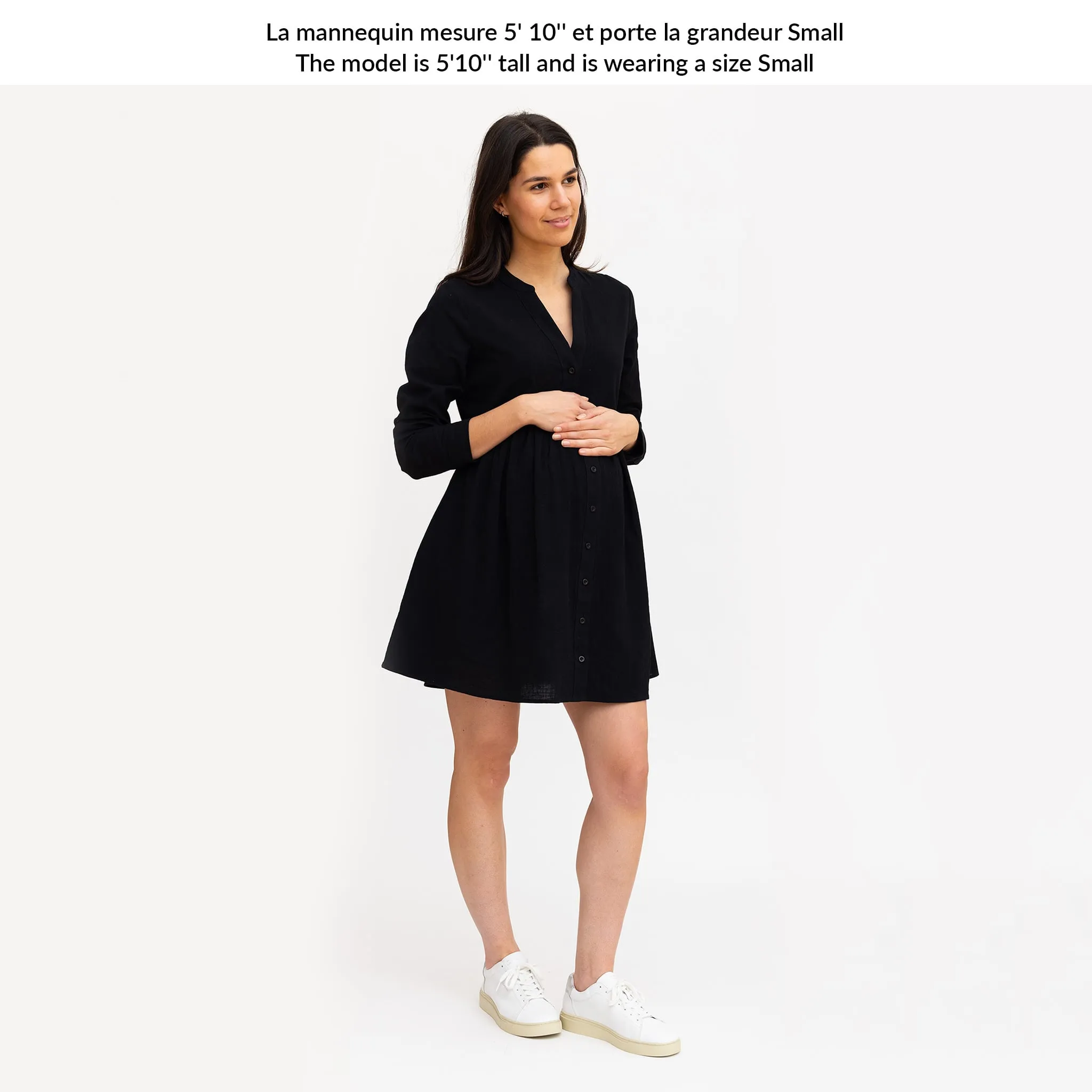 Bella Maternité Robe Boutons Mélange Lin Noire