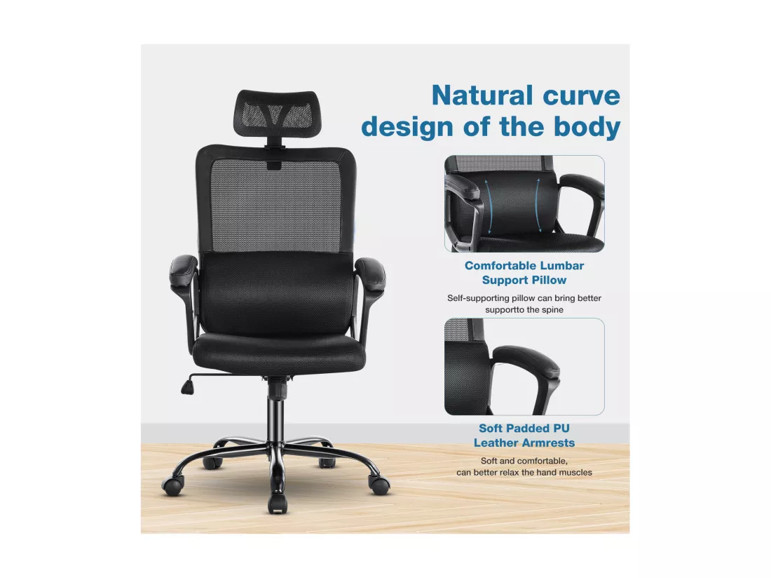 Chaise de bureau, chaise de bureau pivotante avec appui-tête et support lombaire réglables, dossier haut ergonomique, noir