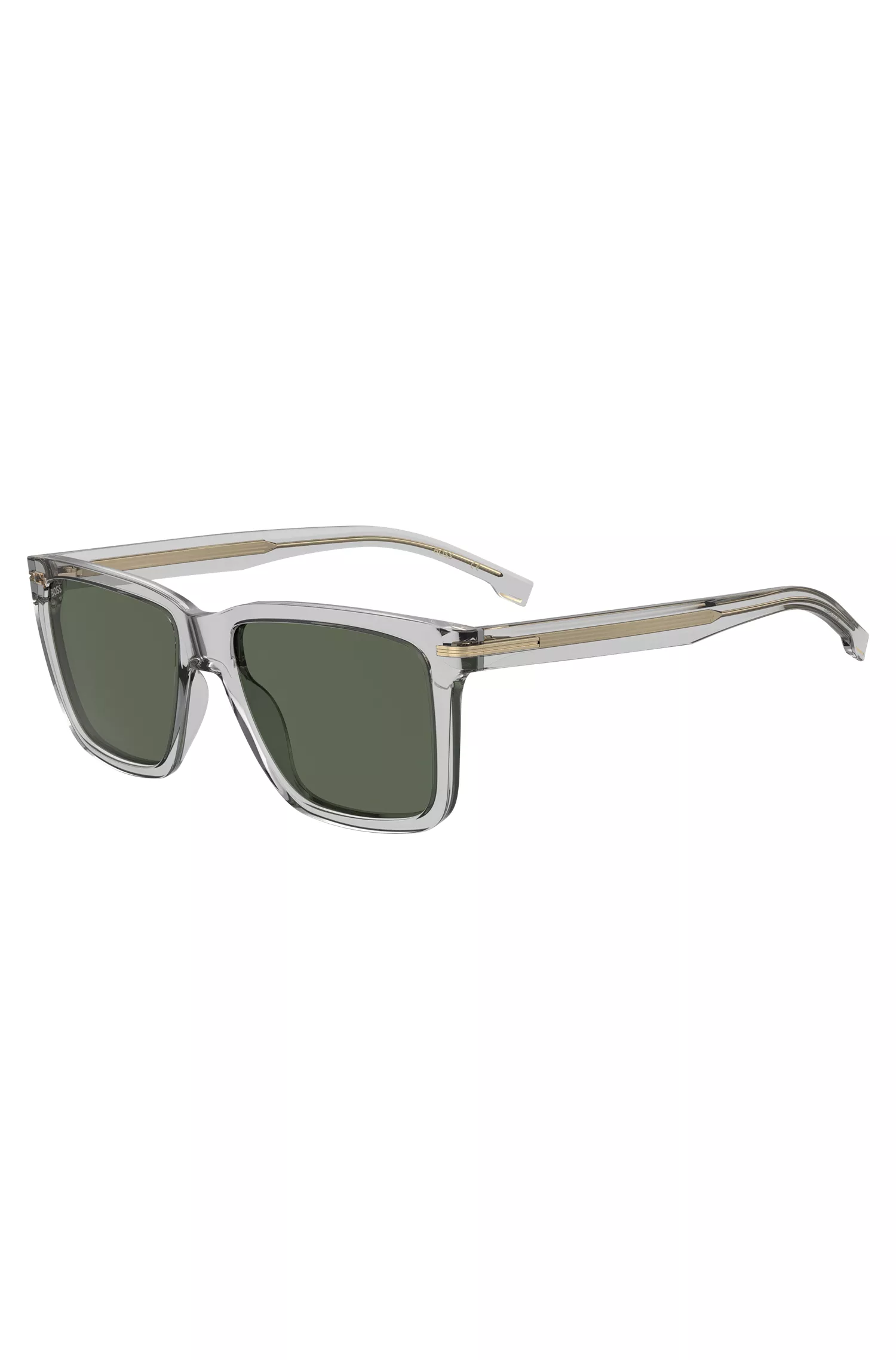 Óculos de sol BOSS em acetato preto transparente com detalhes exclusivos.