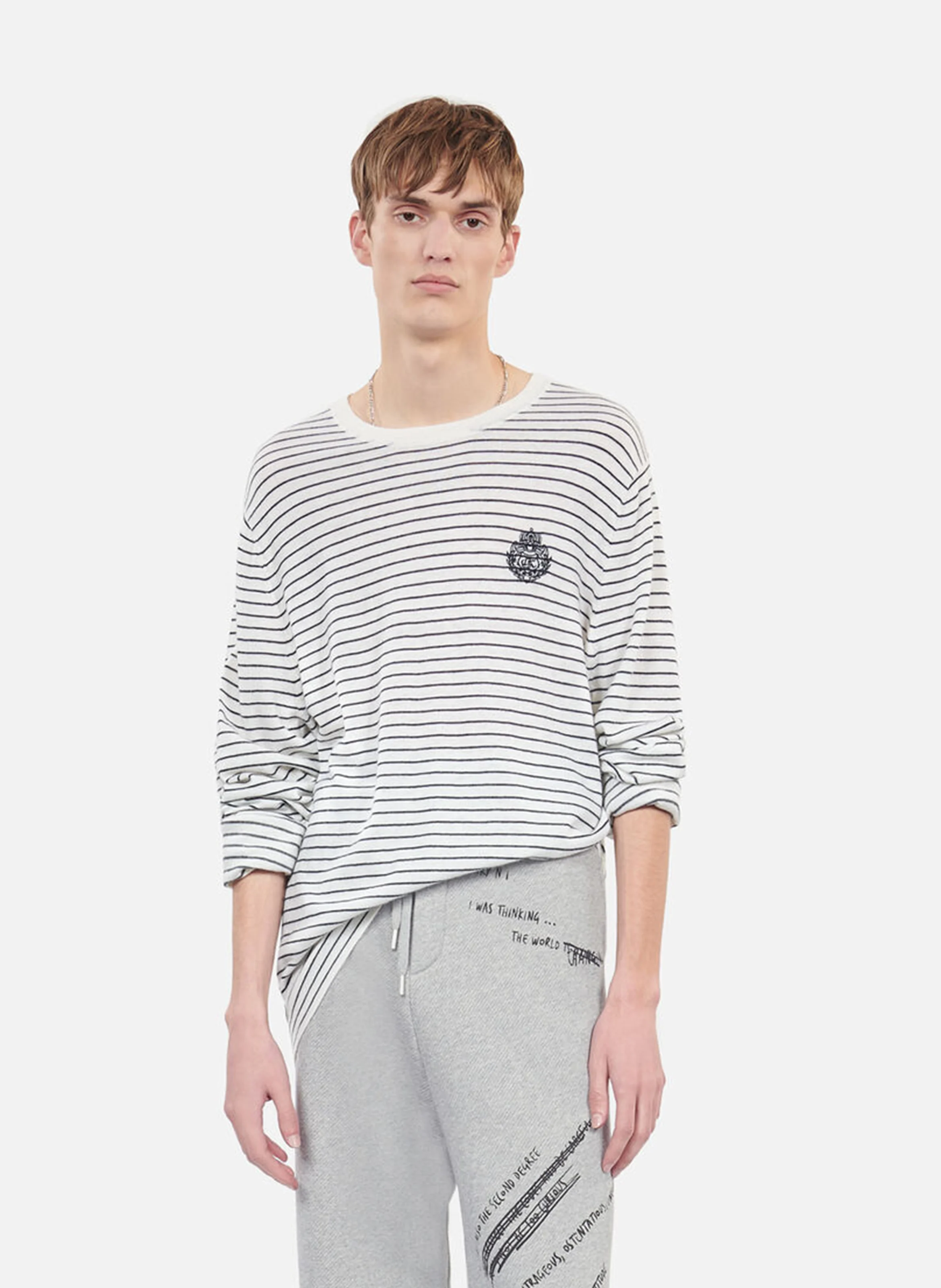 Pull col rond droit en laine et cachemire rayé | Blanc