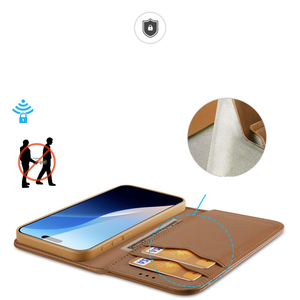 iPhone 16 Pro Max Flip Wallet Cover Echtleder Tasche (RFID Schutz) - Braun