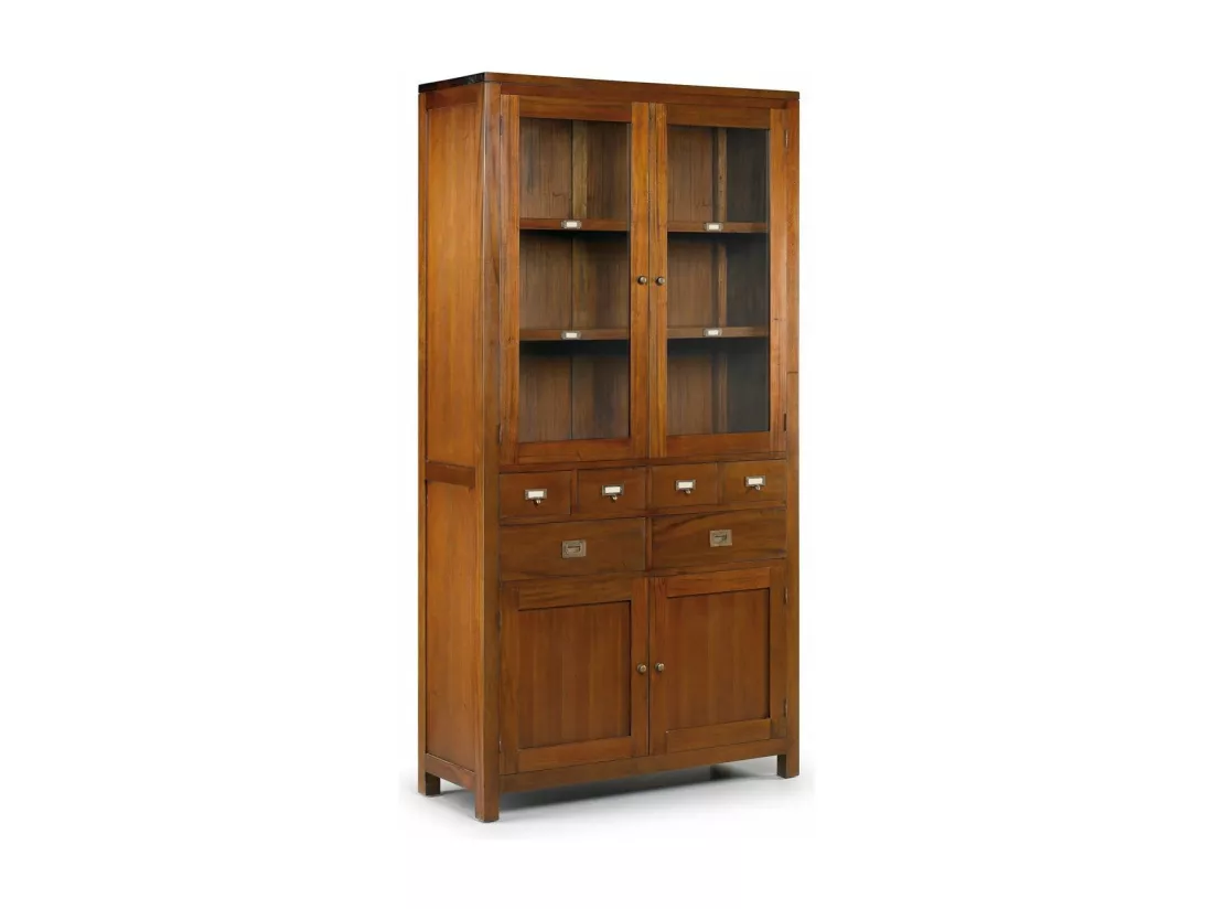Vitrine coloniale 4 portes 6 tiroirs en bois d'acajou massif Falkane 105cm