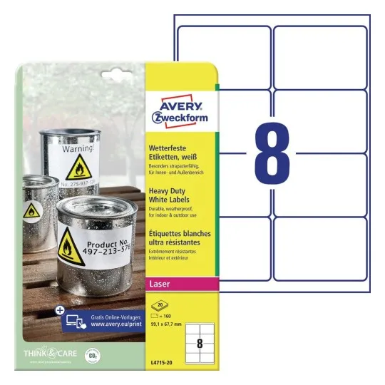Etiketter Avery 99,1x67,7 mm hvid, permanent - (20 ark x 8 stk.)