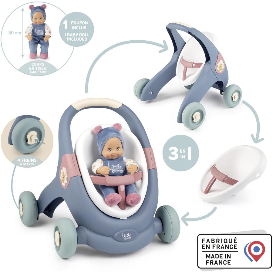 Little Smoby 3-in-1 Lauflern-Puppenwagen mit Schmusepuppe