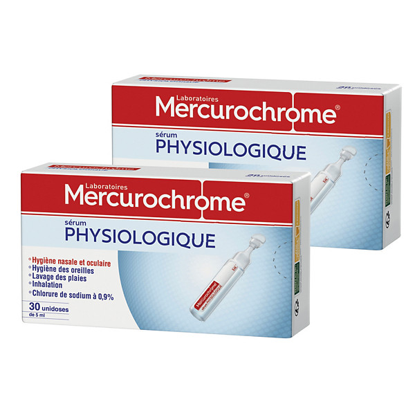 Sérum physiologique Mercurochrome, 2 boîtes de 30 unidoses de 5 ml