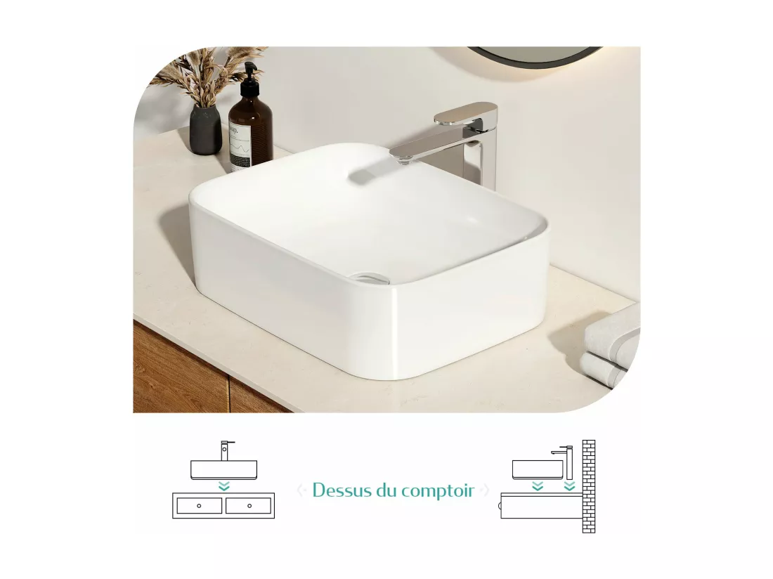EMKE Vasque à poser céramique 70,5×38×15cm, Lavabo salle de bain rectangulaire, Lavabo en céramique blanc brillant