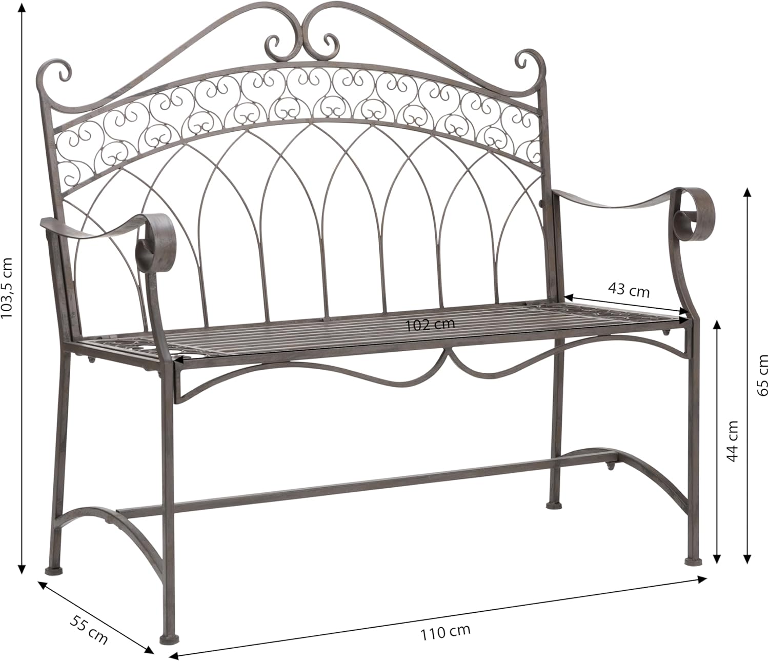 Dehner Gartenbank Antik, 2-Sitzer Bank in Vintage-Optik, 110 x 55 x 103.5 cm, Eisen, braun