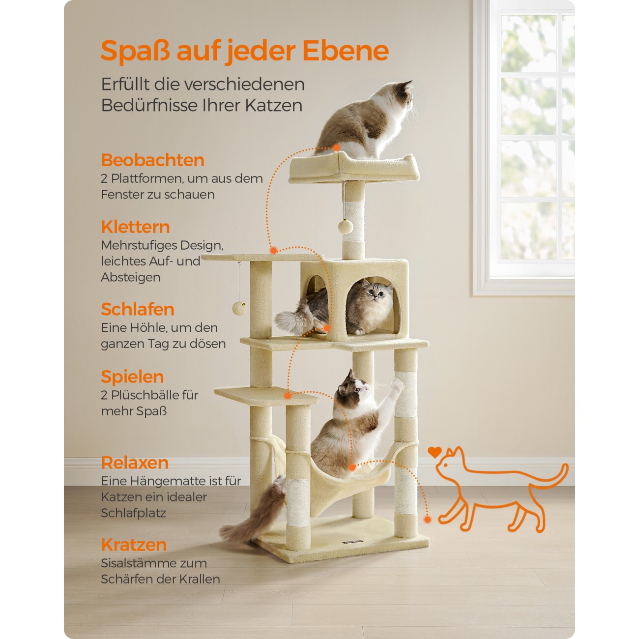 FEANDREA L Kratzbaum mit Hängematte und 1 Höhle 143 cm beige