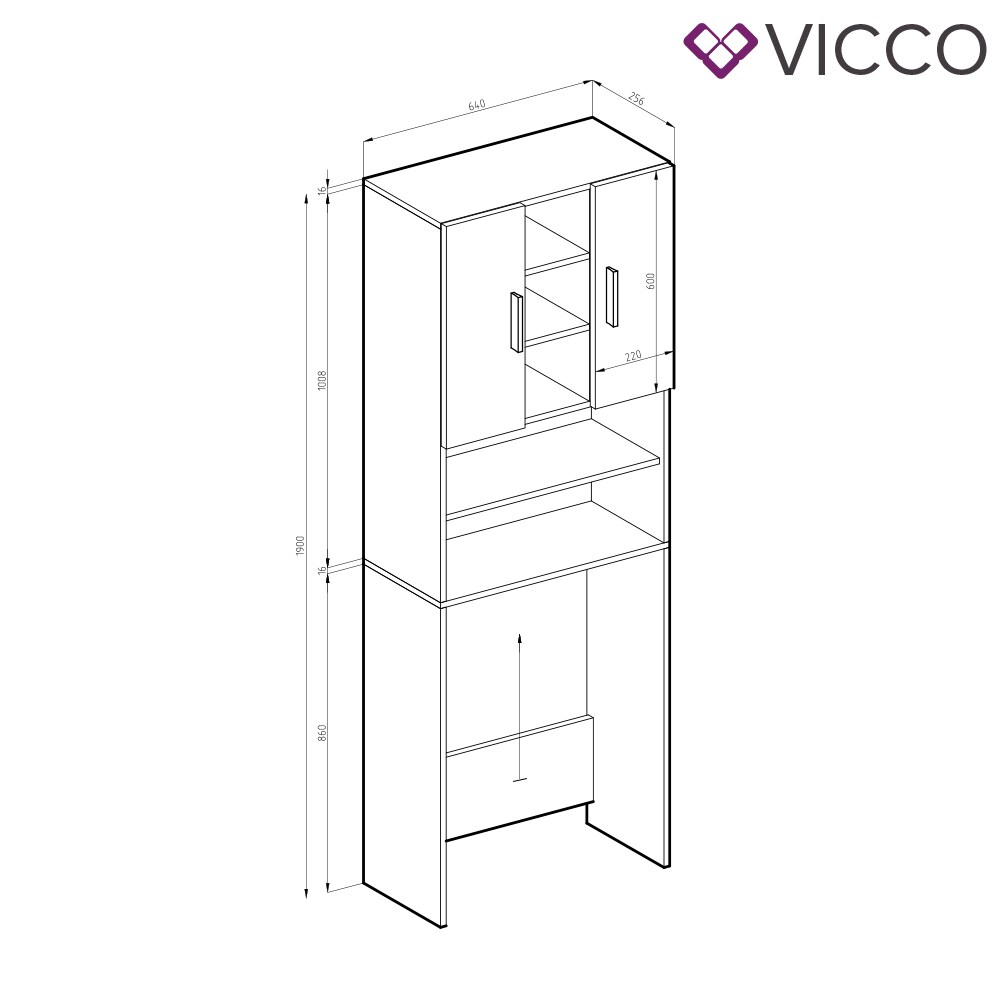 VICCO Waschmaschinenschrank LUIS 190x64cm Weiß Sonoma Badschrank Hochschrank