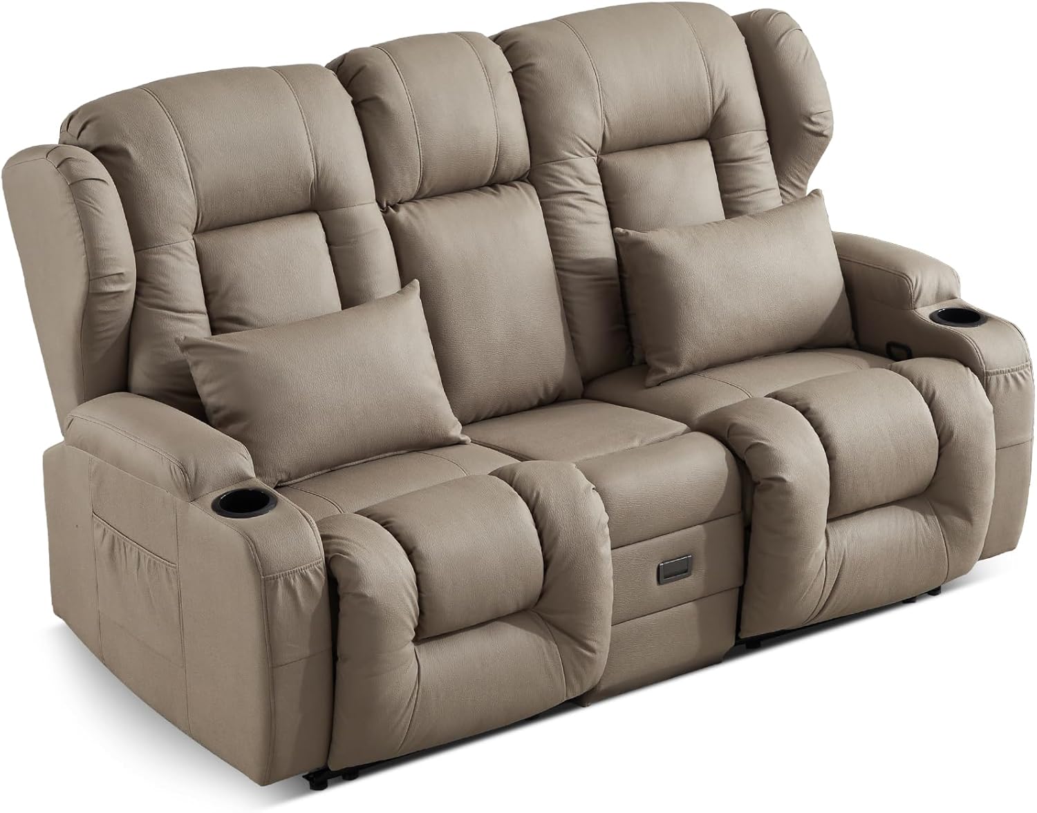 SAMERY Zweisitzer Relaxsessel mit Liegefunktion, 2er-Fernsehsessel Kinosessel 2 Sitzer TV Sessel Heimkino Sitze mit klappbare Mittelkonsole, 4 Getränkehalter (Khak, 172cm Zweisitzer)