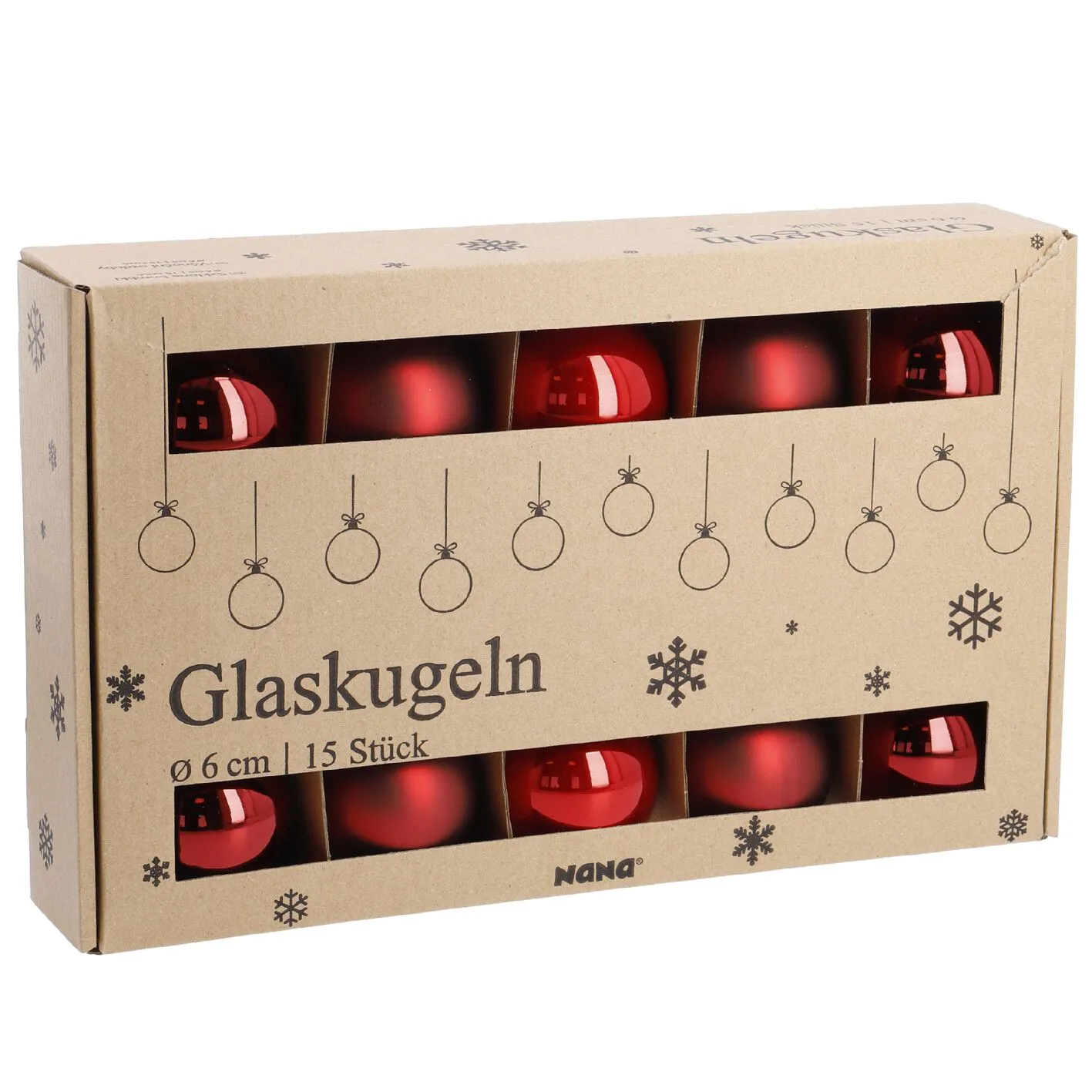 15er Weihnachtskugel Set, Glaskugeln 6 cm, rot